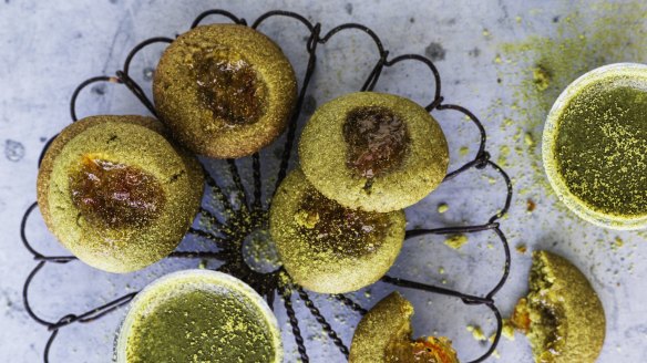 Matcha marmalade thumbprint biscuits aka jam drops.