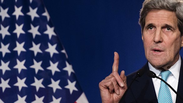 U.S. Secretary of State John Kerry speaks to the press following Iranian nuclear talks in Lausanne.