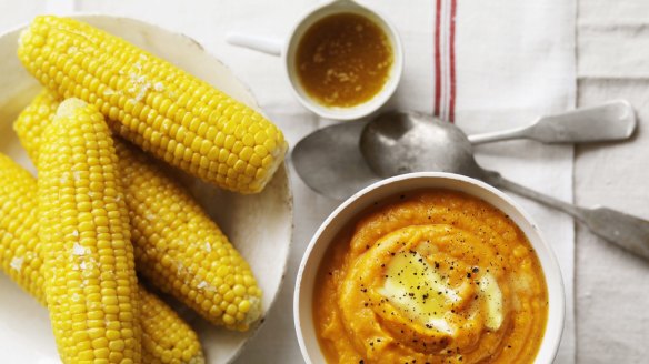 Boiled corn with butter and maple syrup.
