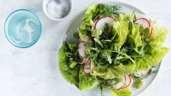 Dill is the star of Three Blue Ducks' simple butter lettuce and radish salad.