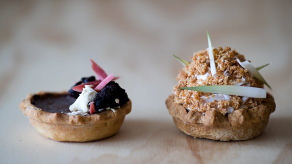 Tarts: "I’ve done a molasses and rhubarb brulee tart, like shoofly pie but more approachable ... There’s rhubarb jam in the bottom and obviously, there’s a brulee baked over the top and I’ll do poached rhubarb sticks on top." On the right is his take on an Asian-style pineapple tart. 