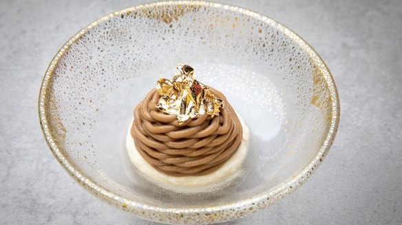 Mont blanc made with roasted artichoke caramel, Italian meringue, crushed savoiardi biscuits and salted Chantilly.