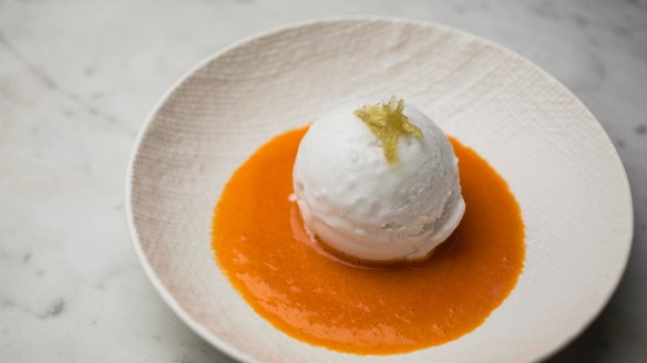 The fun 'snowball' of coconut sorbet with sweet carrot juice and candied ginger.