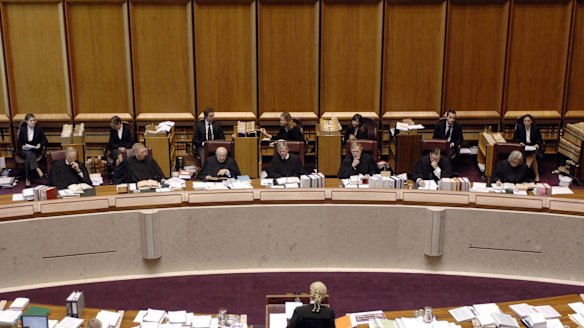 Justices Dyson Heydon, Kenneth Hayne, William Gummow, Chief Justice Murray Gleeson, Justices Michael Kirby, Ian Callinan and Susan Crenna at the High Court.