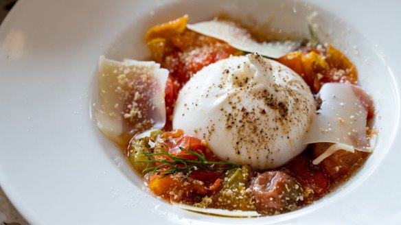 Burrata with heirloom tomato and bread crumbs. 