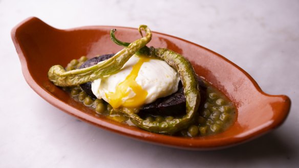 Morcilla, peas, fried egg and mint.