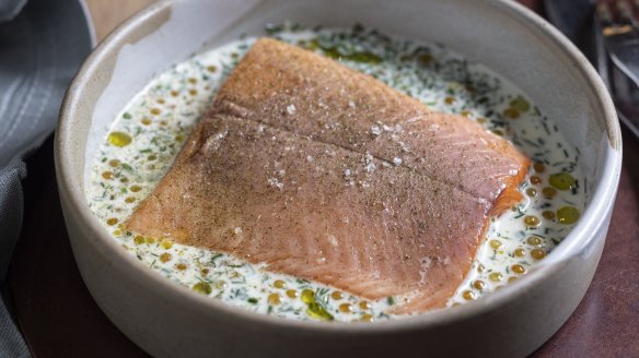 Mountain trout in cream with dill, mountain pepper and trout roe.