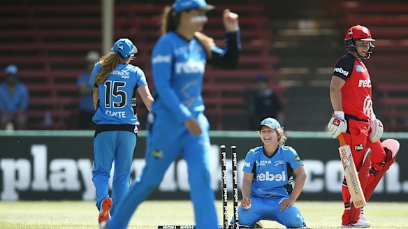Bridget Patterson of the Adelaide Strikers smiles after diving for an attempted runout during the Women's Big Bash League. 
