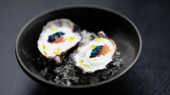 Rock oyster, yuzu kosho and scampi caviar. 