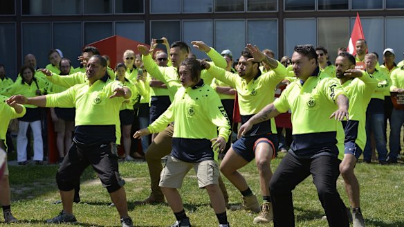 CFMEU members perform the haka outside the Magistrates Court.