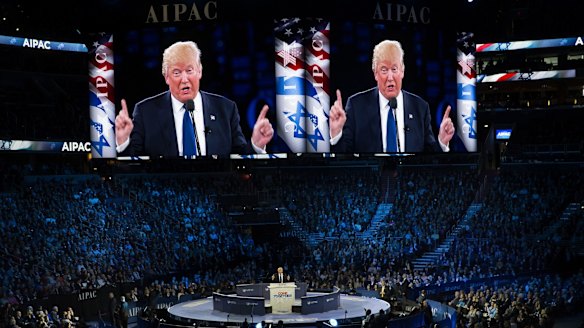 Donald Trump addresses an American Israel Public Affairs Committee policy conference in Washington, March 2016.  