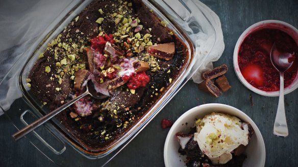 Chocolate, raspberry and Turkish delight self-saucing pudding.
