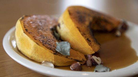 Pumpkin steaks glisten with coffee and aged-maple sauce.