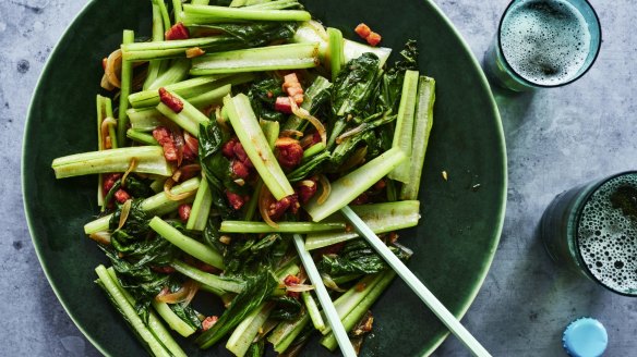 Stir-fried choy sum with bacon.