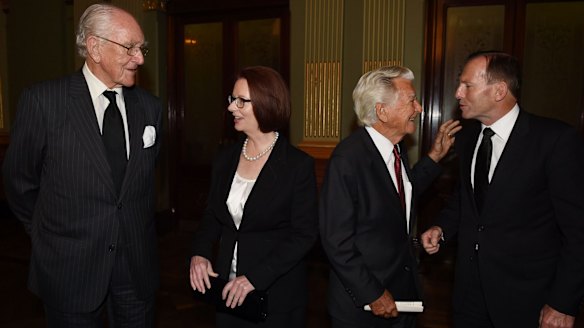Former prime ministers Malcolm Fraser, Julia Gillard, Bob Hawke and current Prime Minister Tony Abbott mingle following the memorial service for Gough Whitlam.