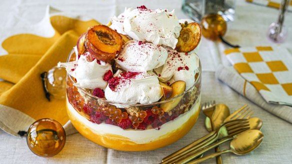 Popping pearls add intrigue to this peachy trifle.