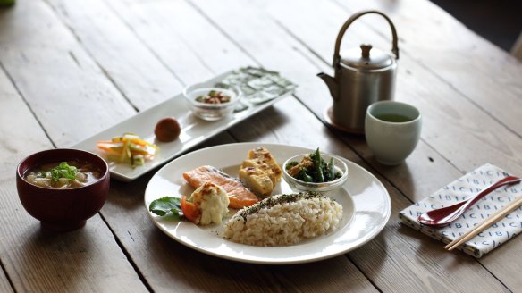 Cibi's traditional Japanese breakfast with grilled salmon fillet, tamagoyaki omelette, greens, rice and miso soup.