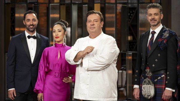 Andy Allen, Melissa Leong, Peter Gilmore and Jock Zonfrillo judge the final challenge.