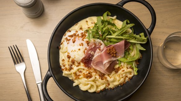 Carbonara with prosciutto and udon noodles.