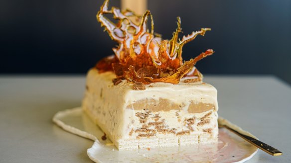 Caramel and ginger biscuit ice-cream cake topped with spiced toffee shards.