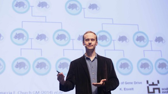 Kevin Esvelt, seen here speaking in Melbourne earlier this month, has questioned the use of gene drives for pest eradication.
