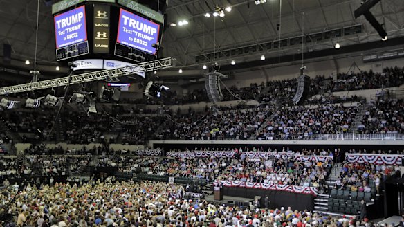 Republican presidential candidate Donald Trump speaks to a large crowd during a rally on Friday.