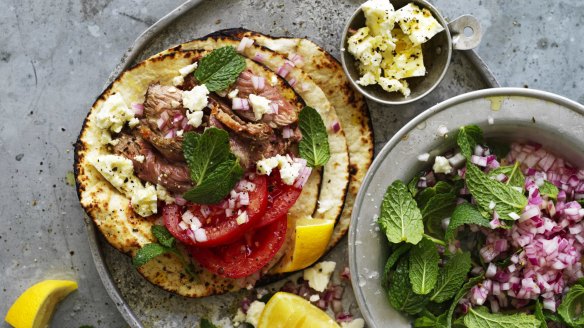 Souvlaki-meets-taco: Lamb and feta wraps with mint salsa.