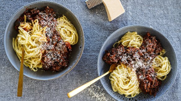 Hearty mixed mushroom, harissa and eggplant pasta sauce.