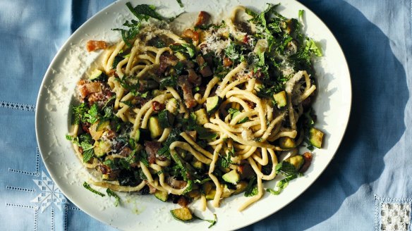 Agata and Clelia's gnocchi lunghi con zucchini (spaghetti-style pasta with courgettes and mint from Lazio).