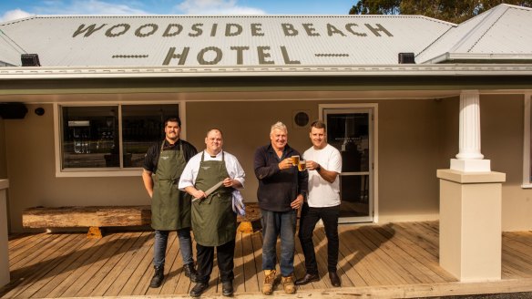 The new team at the Woodside Beach Hotel, from left, Dylan Conway (apprentice chef), Rob Paget (chef), Paul "Dick" McAlpine (co-owner) and Matt Raidal (co-owner).