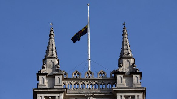 The Union flag flies at half mast over Westminster Abbey following the death of King Abdullah in January 2015.