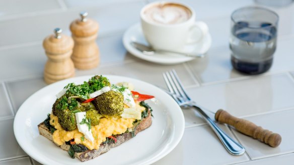 The Farmer's Breakfast with creamed eggs, broccoli, chopped greens and feta.