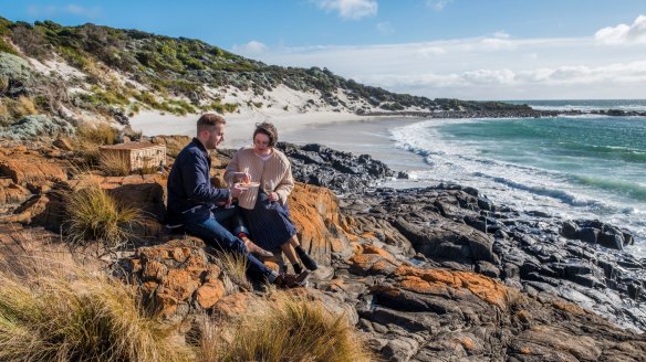 A picnic on the lichen-covered rocks at Bay of Fires.