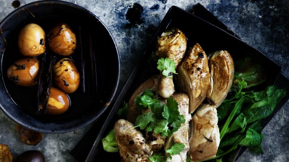 Neil Perry's master stock chicken with tea eggs <a href="http://www.goodfood.com.au/recipes/chinese-chicken-recipe-with-tea-eggs-20160830-gr48ws"><b>(recipe here)</b></a>.