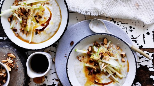 Adam Liaw's slow-cooked oat porridge with apple, almond and maple syrup.