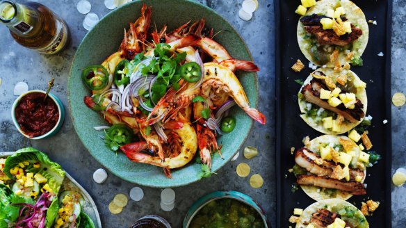 Camarones borrachos (centre), tacos al pastor (right), and barbecue corn salad.