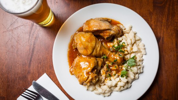 Chicken paprikash (slow-cooked chicken paprika stew).