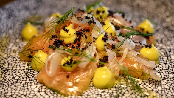 Gin-cured salmon gravlax.