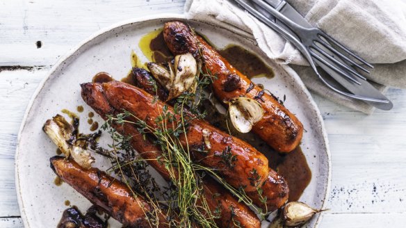 Whole roasted carrots with garlic, thyme and golden syrup.