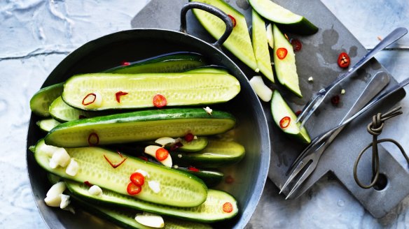 Garlic-pickled cucumbers.