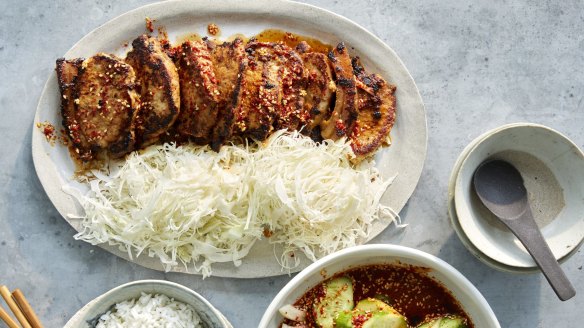 Miso-marinated pork with quick-pickled cucumber and sesame kimchi.