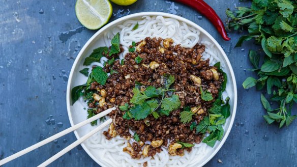 Caramelised pork and cashew stir-fry.