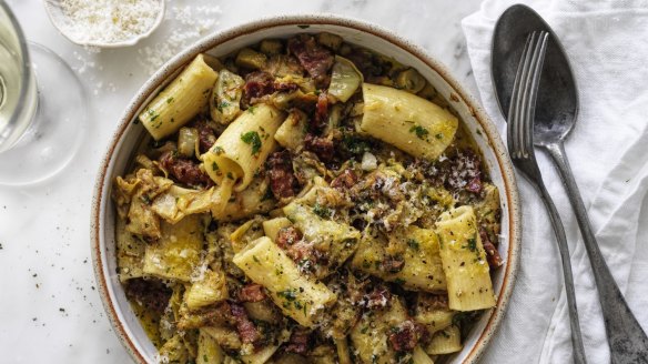 Neil Perry's rigatoni with artichokes and pancetta.