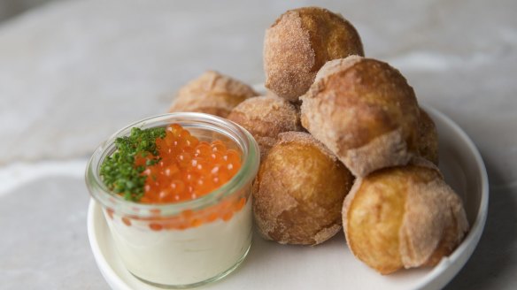 Doughnuts with sour cream and salmon roe.