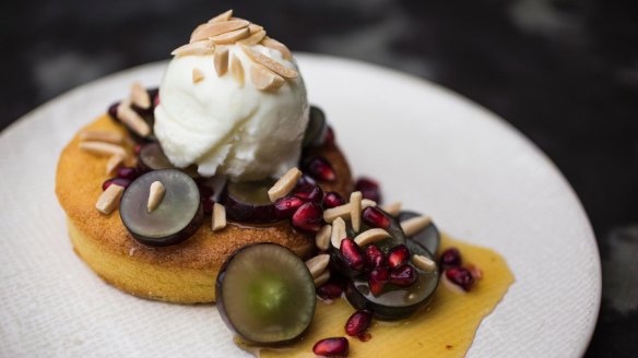 Middle Eastern vibe: The flourless orange and almond cake with grapes, pomegranate and yoghurt sorbet. 