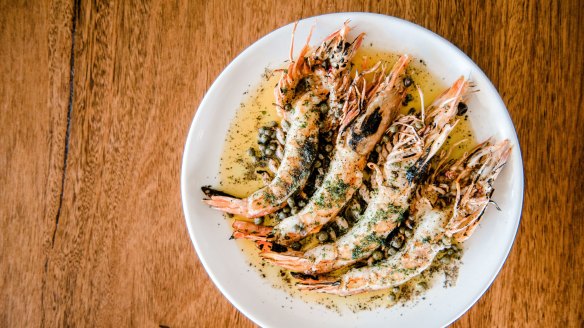 Barbecue king prawns with prawn butter, capers and parsley at Labart.