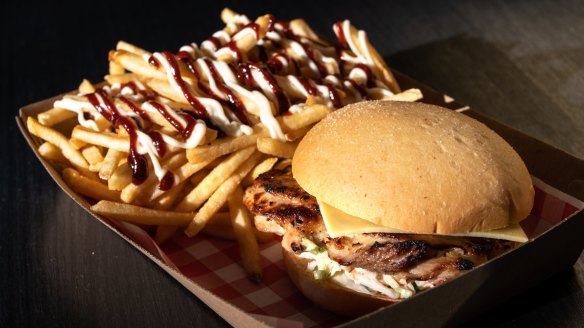 Chargrilled chicken sandwich and fries from Inasoul Filipino Chicken in Chatswood, Sydney.