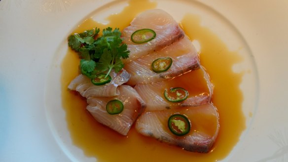 Yellowtail sashimi with jalapeno at Nobu.