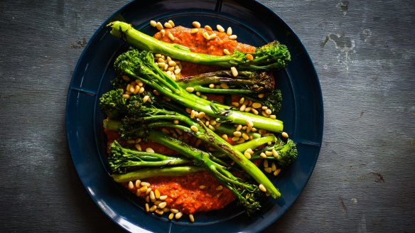 Katrina Meynink's roasted broccolini with romesco and toasted pine nuts.