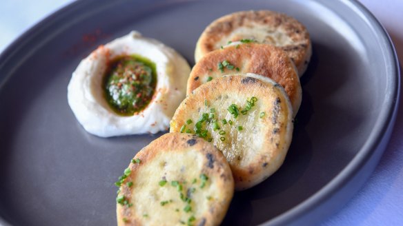 Flatbreads, tarama and salsa verde at Frederic in the Sky in Cremorne.